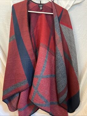 Madewell Red Plaid Open Front Poncho Coat